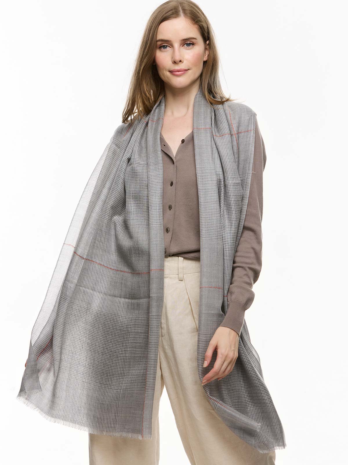 Featherlight Light Gray Plaid Cashmere Scarf